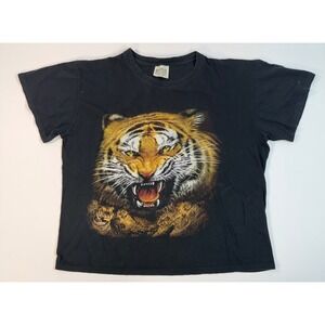 Vintage Style Tiger Graphic T-Shirt Black Snarling Animal Print Tee Large